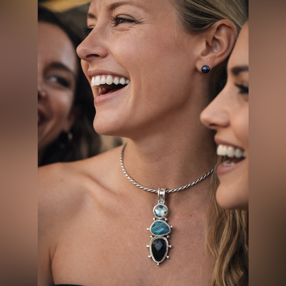 Gorgeous Sterling silver long pendant three stones black onyx opal aqua marine